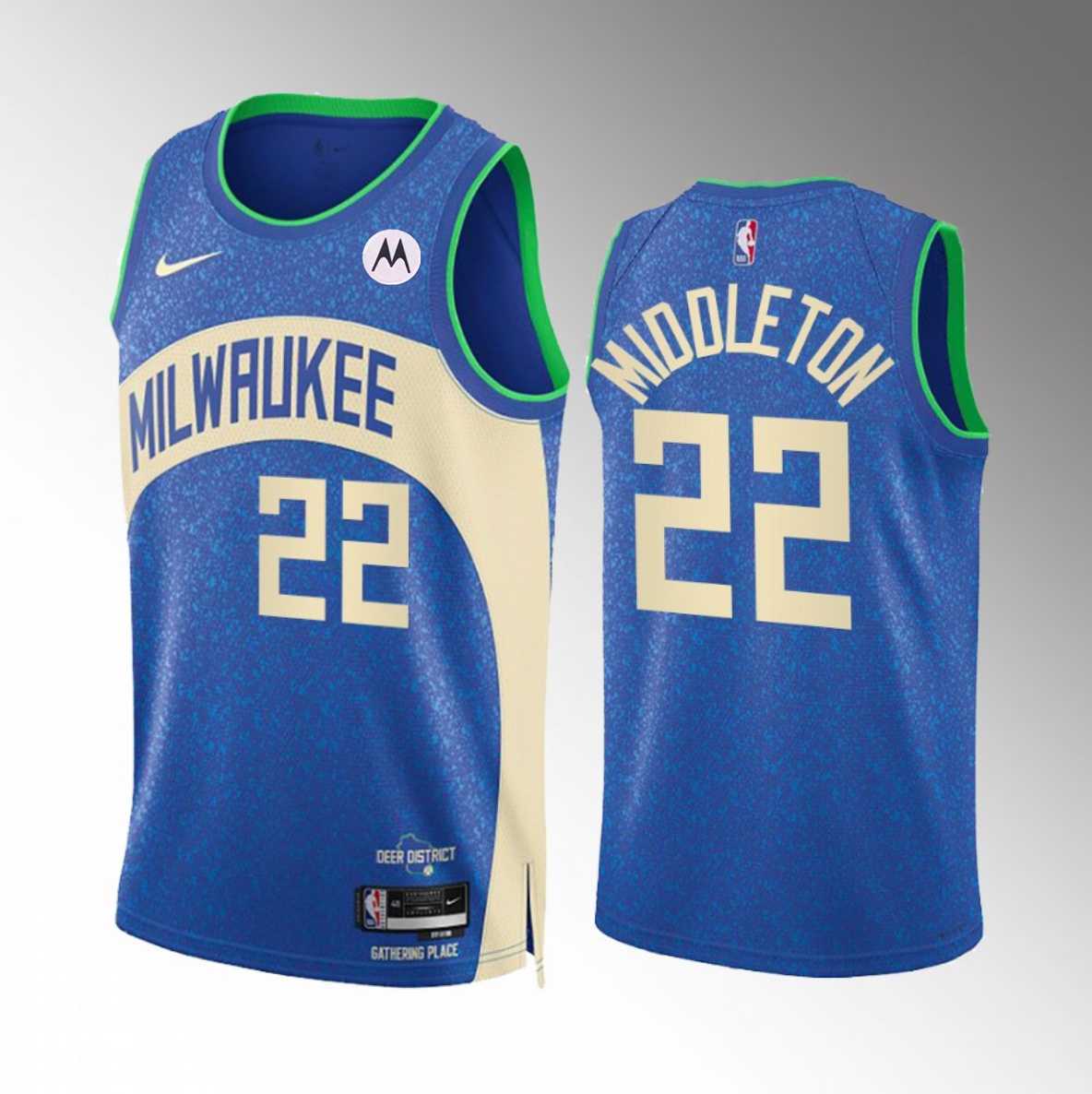 Men%27s Milwaukee Bucks #22 Khris Middleton Blue 2023-24 City Edition Stitched Basketball Jersey Dzhi